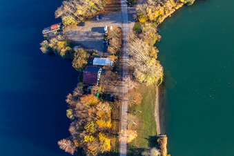 Anglerheim am Altrhein in Neupotz in the state Rhineland-Palatinate, Germany seen from above