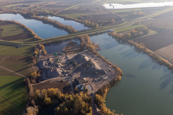 Aerial view of Heidelberg sand and gravel on the Old Rhine in Neupotz in the state Rhineland-Palatinate, Germany
