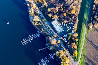 Pleasure boat marina with docks and moorings on the shore area of Segelclub RKC Woerth e.V. in Woerth am Rhein in the state Rhineland-Palatinate, Germany