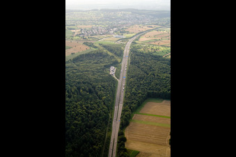 Aerial photograpy of Mutschelbach, A8 motorway parking lot in the district Untermutschelbach in Karlsbad in the state Baden-Wuerttemberg, Germany