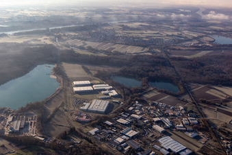 Aerial view of Industrial and commercial area with Faurecia, Groke Tueren, Linde+Wiemann and Noblesse in Hagenbach in the state Rhineland-Palatinate, Germany