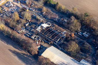 Aerial view of Burned-down hall in the district Schaidt in Wörth am Rhein in the state Rhineland-Palatinate, Germany
