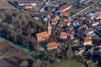 Aerial view of Protestant Church in Minfeld in the state Rhineland-Palatinate, Germany