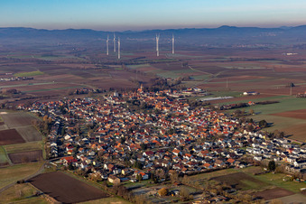 Town View of the streets and houses of the residential areas in front of the Freckenfeld wind farm in Minfeld in the state Rhineland-Palatinate, Germany