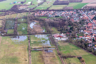 Aerial view of Flooded flood ditch/Erlenbach at the Waschmühle in Billigheim-Ingenheim in the state Rhineland-Palatinate, Germany