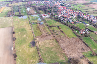 Aerial view of Flooded flood ditch/Erlenbach at the Waschmühle in the district Mühlhofen in Billigheim-Ingenheim in the state Rhineland-Palatinate, Germany