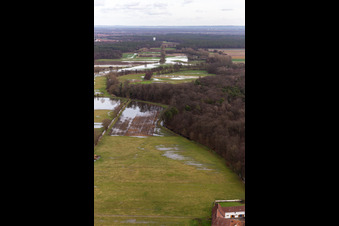 Riparian areas and flooded flood meadows of Polder Neupotz due to a river bed leading to flood levels of the Rhine river in Neupotz in the state Rhineland-Palatinate, Germany