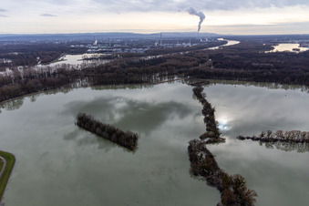 Aerial photograpy of Riparian areas and flooded flood meadows of Polder Neupotz due to a river bed leading to flood levels of the Rhine river in Neupotz in the state Rhineland-Palatinate, Germany