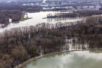 Quays and boat moorings at the port of the inland port Oelhafen when the Rhine floods in Karlsruhe in the state Baden-Wurttemberg, Germany