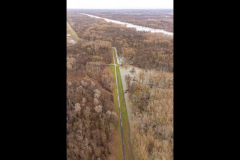 Aerial view of Flooded Rhine meadows at the Rhine dam in Neupotz in the state Rhineland-Palatinate, Germany