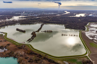 Aerial view of Riparian areas and flooded flood meadows of Polder Neupotz due to a river bed leading to flood levels of the Rhine river in Neupotz in the state Rhineland-Palatinate, Germany