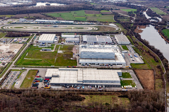 Oberwald industrial estate with Netto Logistics Center, Pfälzer Erfrischungsgetränke GmbH in Wörth am Rhein in the state Rhineland-Palatinate, Germany