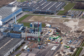 Construction of the new gas- hydrogen-power plant at paer mill Papierfabrik Palm GmbH & Co. KG in the district Industriegebiet Woerth-Oberwald in Woerth am Rhein in the state Rhineland-Palatinate seen from above
