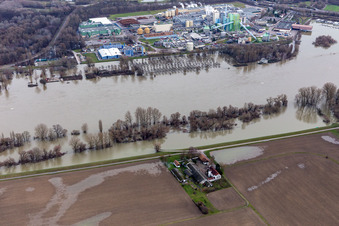 Aerial view of Homestead of a farm Hofgut Ludwigsau at Rhine flood in Woerth am Rhein in the state Rhineland-Palatinate, Germany