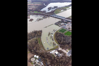Aerial view of Port Maximiliansau at high tide in the district Maximiliansau in Wörth am Rhein in the state Rhineland-Palatinate, Germany