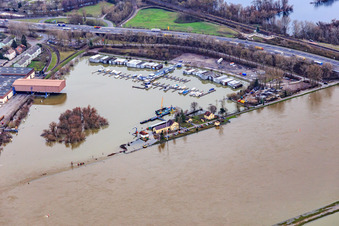 Marina Motorboat Club Karlsruhe eV during flood in the district Knielingen in Karlsruhe in the state Baden-Wuerttemberg, Germany