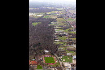 Aerial view of Land under water with flooded meadows between Floßgraben and Dörniggraben on the Saarstr in Kandel in the state Rhineland-Palatinate, Germany