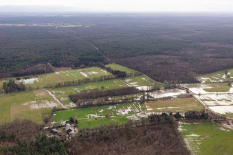 Aerial photograpy of Otterbach lowland during flooding near Hardtmühle in Minfeld in the state Rhineland-Palatinate, Germany