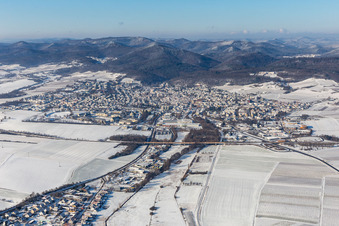 Winter aerial view in the snow in Bad Bergzabern in the state Rhineland-Palatinate, Germany