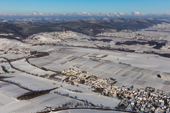 Aerial view of Winter aerial view in the snow in Niederhorbach in the state Rhineland-Palatinate, Germany