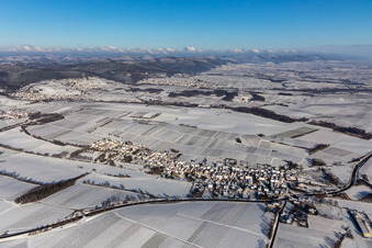 Aerial view of Winter aerial view in the snow in Niederhorbach in the state Rhineland-Palatinate, Germany