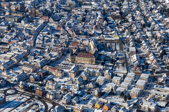 Wintry snowy castle hotel building Bergzaberner Hof in Bad Bergzabern in the state Rhineland-Palatinate, Germany