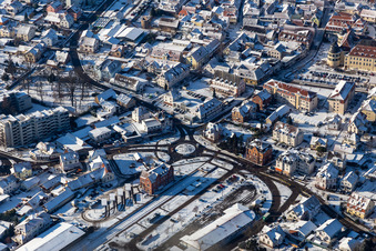 Winter aerial view in the snow of station Bad Bergzabern in Bad Bergzabern in the state Rhineland-Palatinate, Germany