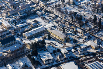 Winter aerial view in the snow of Breslauer Straße in Bad Bergzabern in the state Rhineland-Palatinate, Germany