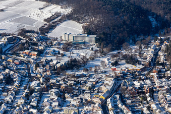 Winter aerial view in the snow of the spa park Bad Bergzabern in Bad Bergzabern in the state Rhineland-Palatinate, Germany