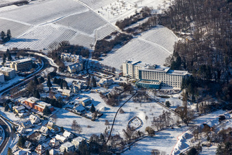 Winter aerial view in the snow of the Edith Stein Clinic in Bad Bergzabern in the state Rhineland-Palatinate, Germany