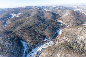 Winter aerial view in the snow from the Kurtal in Bad Bergzabern in the state Rhineland-Palatinate, Germany