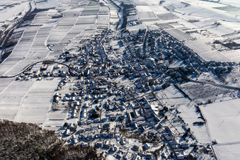 Aerial view of Winter aerial view in the snow in Oberotterbach in the state Rhineland-Palatinate, Germany