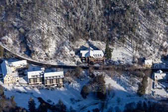 Aerial view of Winter aerial view in the snow from the Hotel Luisental in the Kurtal in Bad Bergzabern in the state Rhineland-Palatinate, Germany