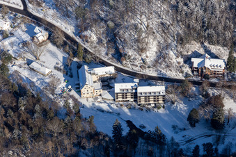 Aerial view of Winter aerial view in the snow from the Hotel Luisental in the Kurtal in Bad Bergzabern in the state Rhineland-Palatinate, Germany