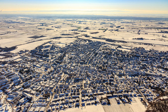 City view from the northwest in winter with snow in Bad Bergzabern in the state Rhineland-Palatinate, Germany