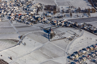 Winter aerial view in the snow of the St. Dionysius Chapel in the district Gleiszellen in Gleiszellen-Gleishorbach in the state Rhineland-Palatinate, Germany
