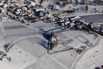 Aerial view of Winter aerial view in the snow of the St. Dionysius Chapel in the district Gleiszellen in Gleiszellen-Gleishorbach in the state Rhineland-Palatinate, Germany