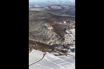 Winter aerial view in the snow of Landeck Castle in Klingenmünster in the state Rhineland-Palatinate, Germany