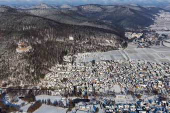 Aerial view of Winter aerial view in the snow in Klingenmünster in the state Rhineland-Palatinate, Germany