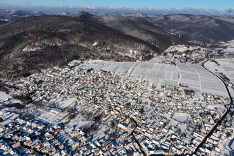 Aerial view of Winter aerial view in the snow in Klingenmünster in the state Rhineland-Palatinate, Germany
