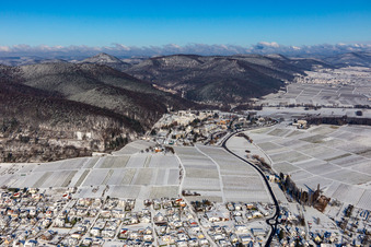 Winter aerial view in the snow of the Pfalzklinikum für Psychatrie in Klingenmünster in the state Rhineland-Palatinate, Germany