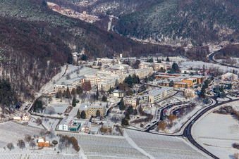 Aerial view of Winter aerial view in the snow of the Pfalzklinikum für Psychatrie in Klingenmünster in the state Rhineland-Palatinate, Germany