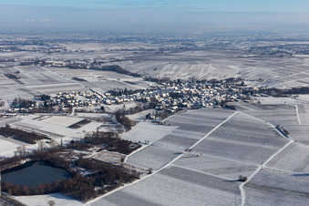 Winter aerial view in the snow in Göcklingen in the state Rhineland-Palatinate, Germany