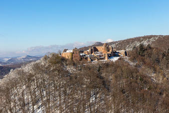 Aerial view of Winter aerial view in the snow of Madenburg in Eschbach in the state Rhineland-Palatinate, Germany