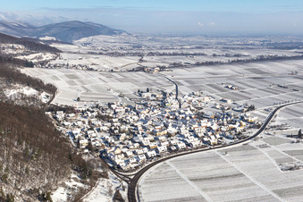 Winter aerial view in the snow in Eschbach in the state Rhineland-Palatinate, Germany