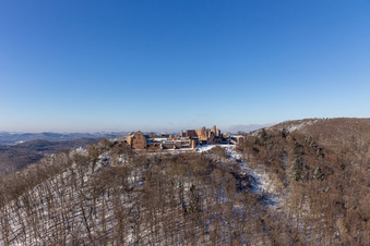 Wintry snowy ruins and vestiges of the former castle and fortress Burgruine Madenburg in Eschbach in the state Rhineland-Palatinate