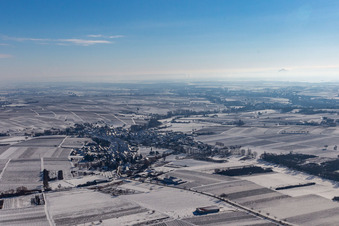 Aerial view of Winter aerial view in the snow in Göcklingen in the state Rhineland-Palatinate, Germany