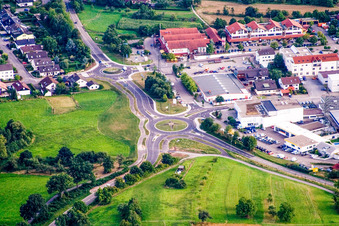 Traffic management of the twin-roundabout road of Weinbrennerstasse in the district Langensteinbach in Karlsbad in the state Baden-Wurttemberg, Germany