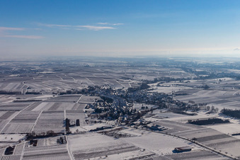 Aerial view of Winter aerial view in the snow in Göcklingen in the state Rhineland-Palatinate, Germany