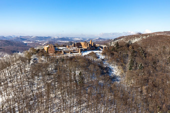 Aerial view of Winter aerial view in the snow of Madenburg in Eschbach in the state Rhineland-Palatinate, Germany